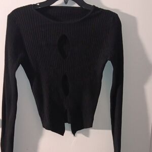 Black Ribbed Long-Sleeve Cutout Top